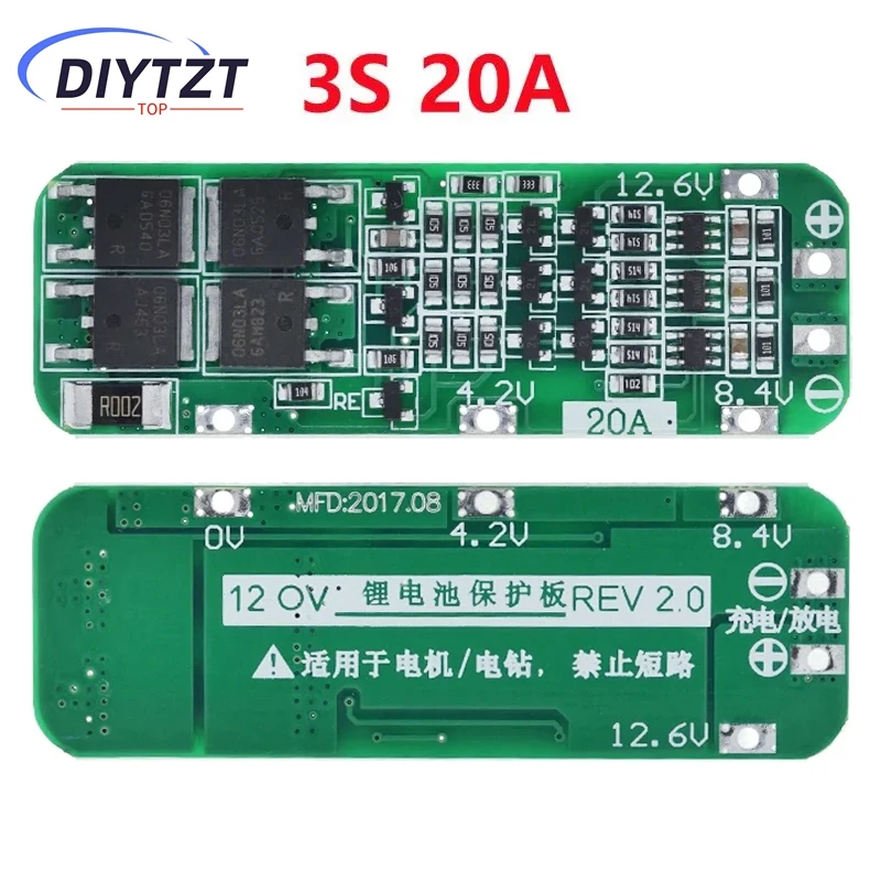 DIYTZT 3S 20A BMS 12.6V Li-ion Lithium Battery 18650 Charger PCB BMS Protection Board For Drill Motor 12.6V Lipo Cell Module