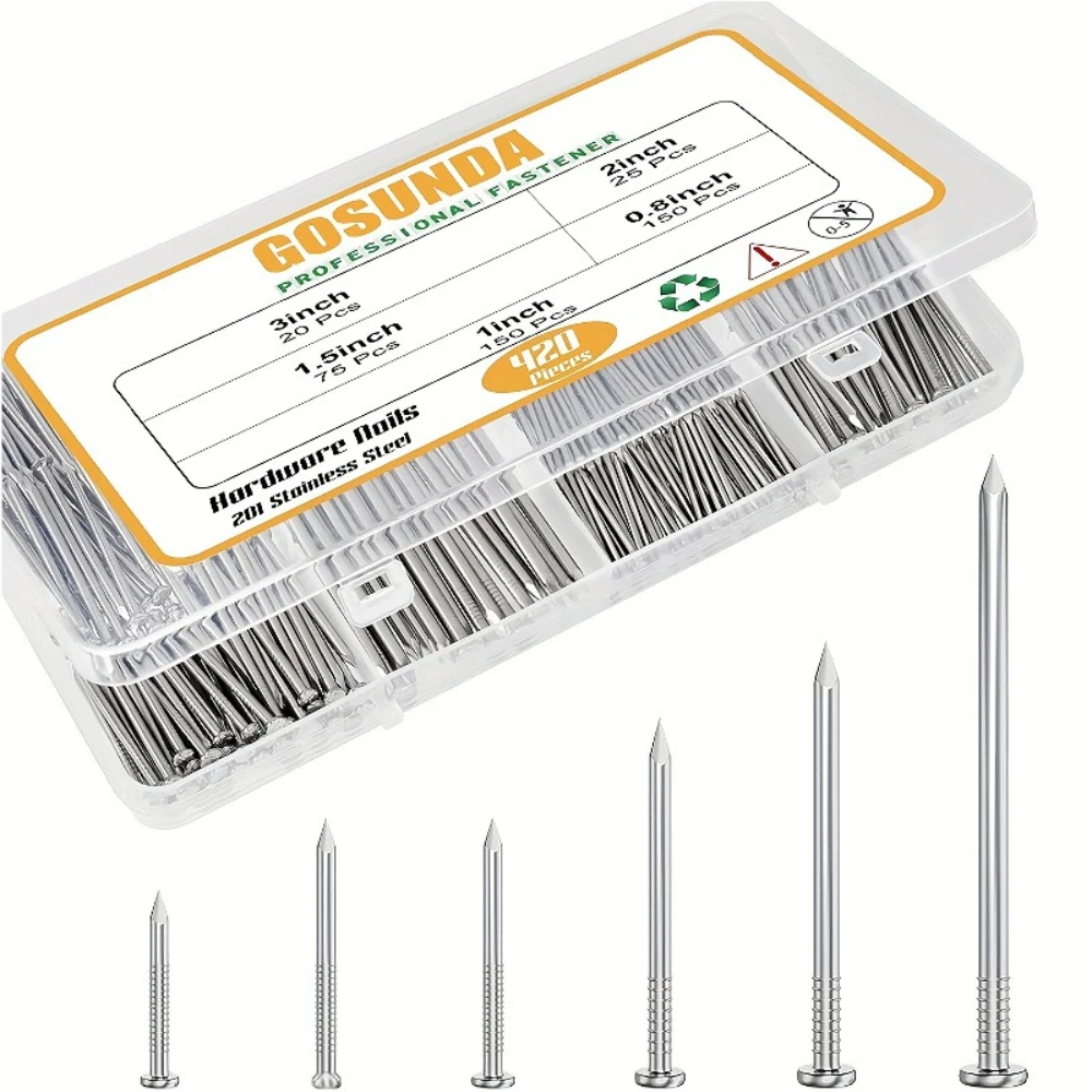 420pcs Hardware Nail Kits 201 Stainless Steel Metal Round Nails for Woodworking Floor Wall Nails 20-76mm Upholstery Fasteners