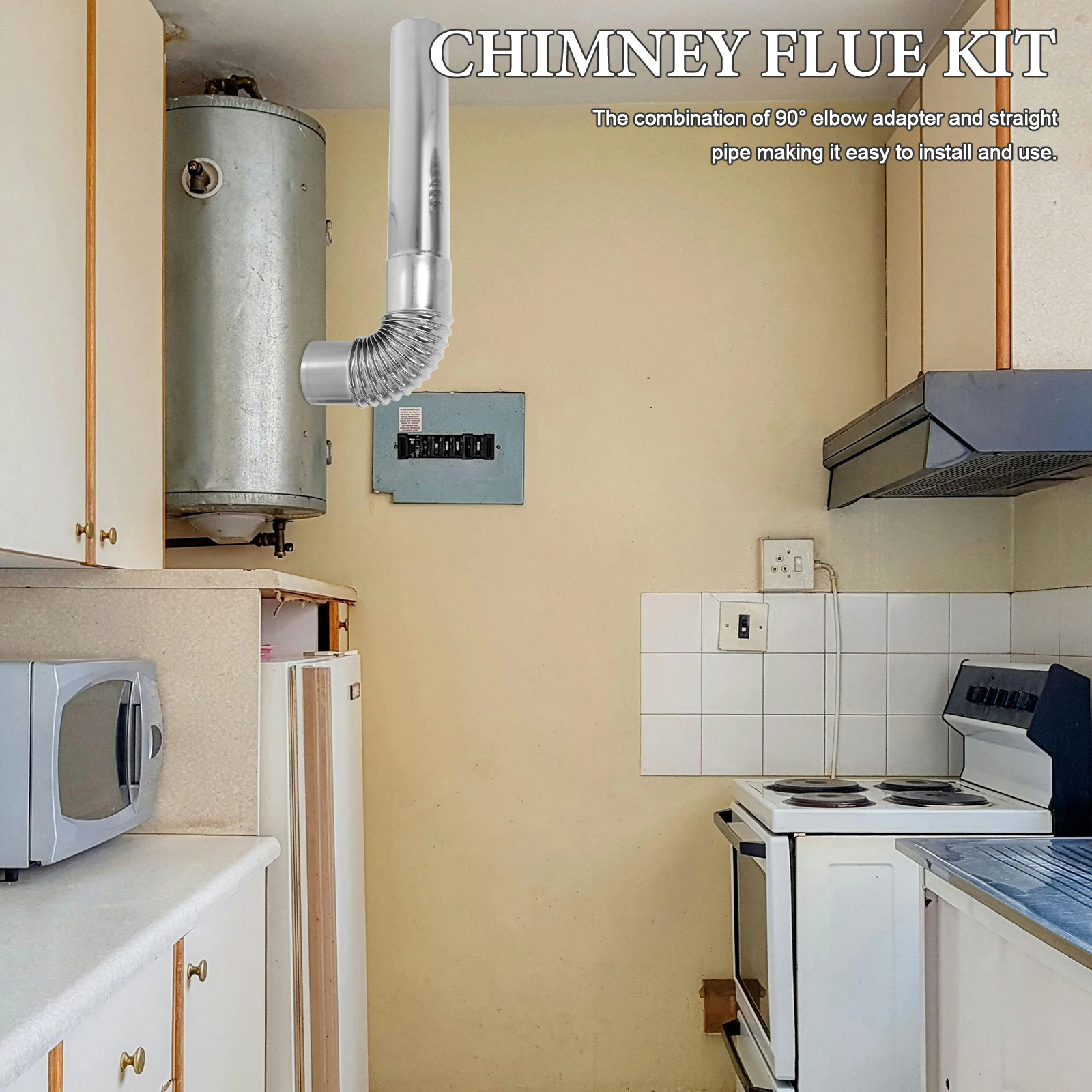 

3 pcs Stainless Steel Chimney Flue Tube Straight Vent 90° Elbow Connector Metal Pipe Gas Heater Durable Easy Install