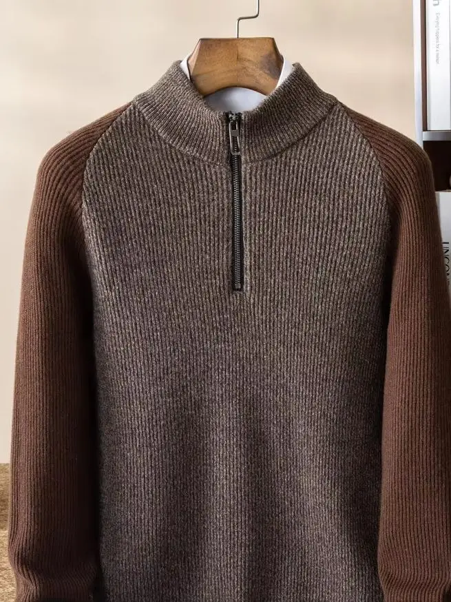 100% pure cashmere sweater men's half-height zipper collar autumn and winter new padded cashmere pullover sweater men's