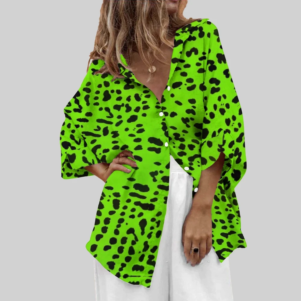 

Oversized Top Women's Casual Daily Shirt Green Shirt Cow Spotted Print Long Sleeves Versatile Style Outfits Spring & Summer