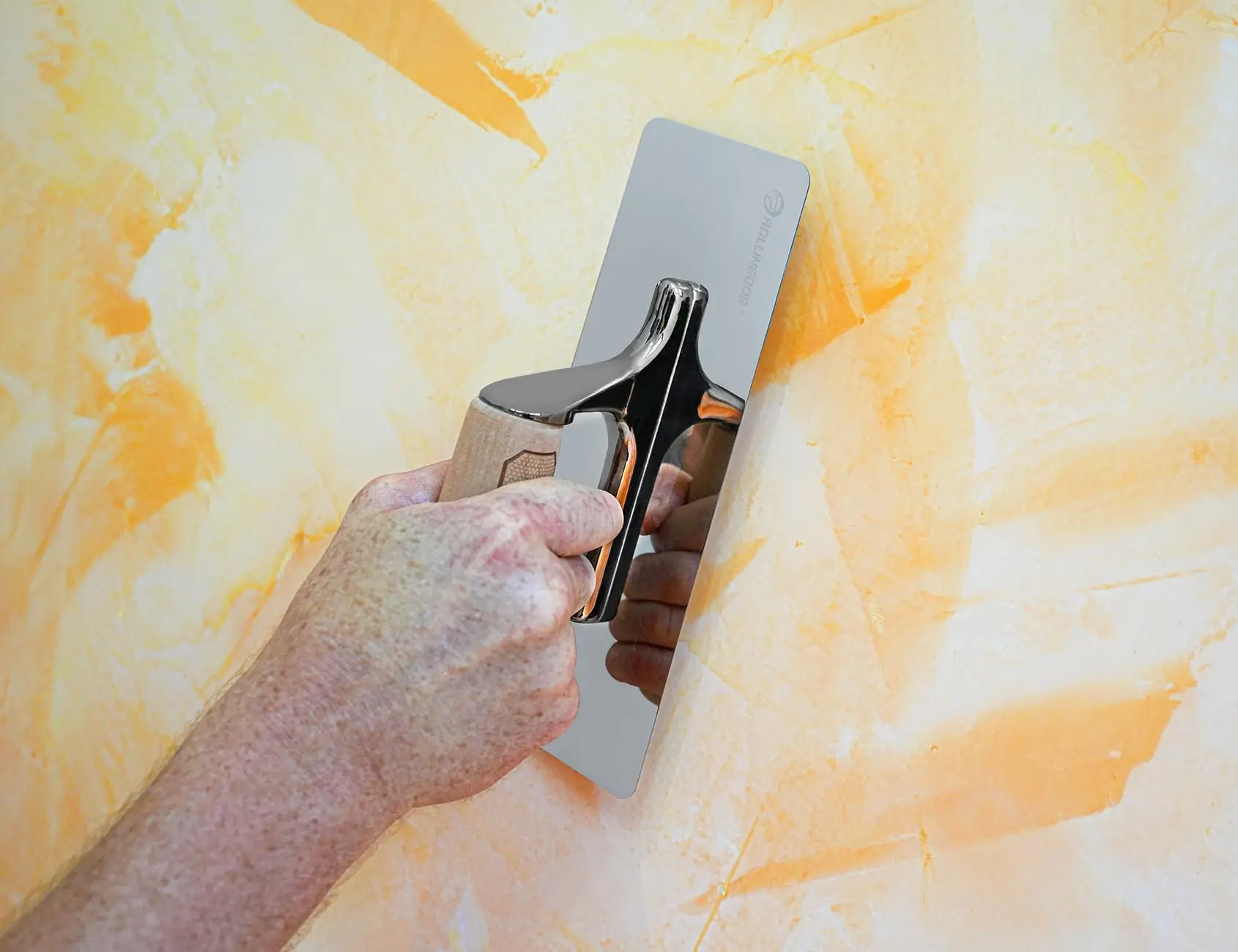 Rollingdog Rectangle Venetian Plaster Trowel Mirror Polished 420 Stainless Steel Blade, Ergonomic Beech Handle for Decorative Finish and Polishing(7.9Inchx3Inch)