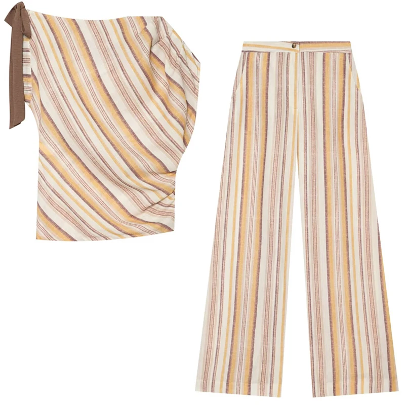 HXAO Striped Linen Pants Sets Summer Women's Suit Bow One Shoulder Ruched Tops 2 Piece Set Wide Leg High Waist Trousers Outfits