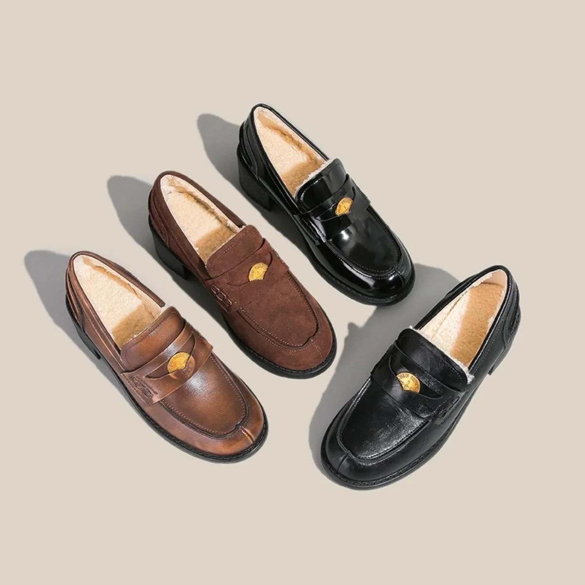 

Women's Leather Lazy Loafers - No Heel Rubbing Chunky Heel Heightening Shoes, Gold Coin Detail, Slip-On Flats for Daily Wear