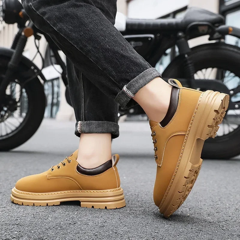 Men's autumn Short PU leather boots British workwear shoes Ankle boots low top flat sole board shoes retro versatile shoes