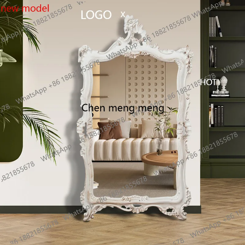 Retro white carved floor-to-body decorative mirror, living room, bedroom dressing and organizing mirror