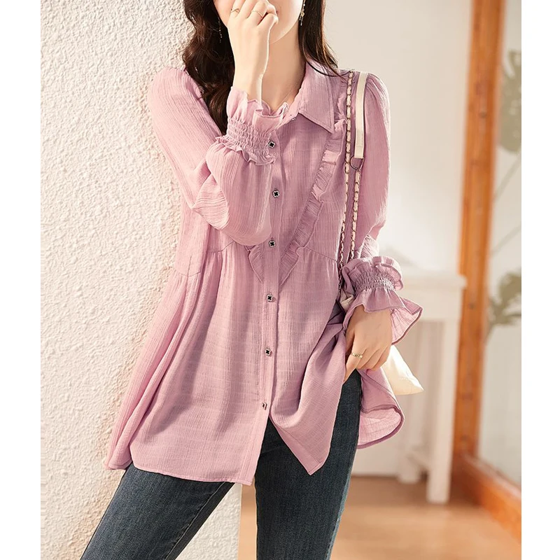 Pink Sweet Ruffle Chic Casual Street Button Shirts Korean Fashion Elegant Loose Long Sleeve Tunic Top Blouse Women Blusas Mujer