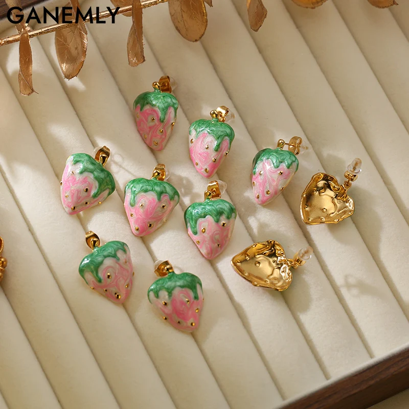 

GANEMLY 316L Stainless Steel Enamel Colorful Strawberries Stud Earrings Metal Texture 18K Gold Plated Waterproof Ear Jewelry