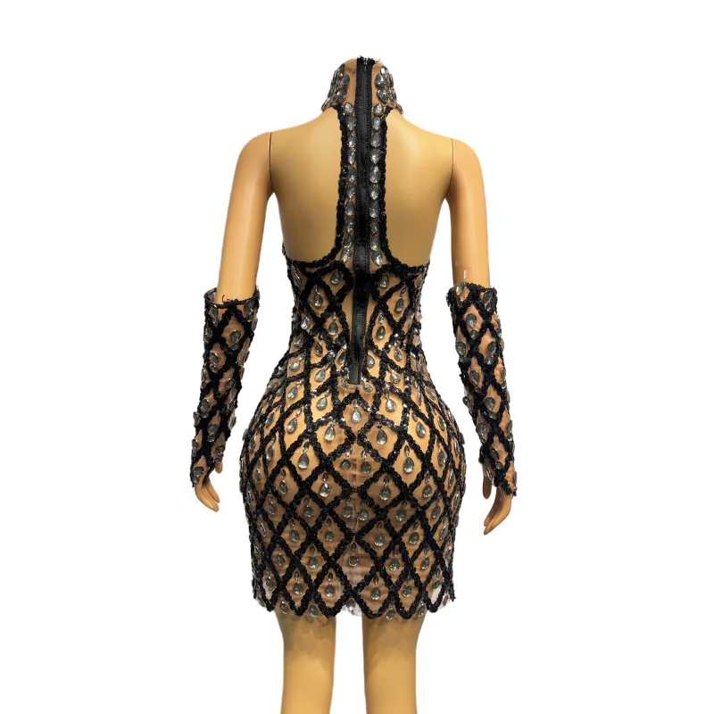 Vestido corto de lujo para fiesta de noche, graduación, diamantes de imitación, Sexy, sin espalda, transparente, disfraz de cantante puesta en escena, dorado y negro