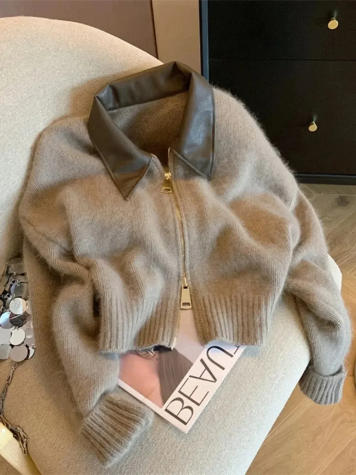 Fashion Casual Women Sweater Elegant Vintage Solid Loose Lazy Zip Up Long Sleeve Hood Knit Top 2024 New Autumn Winter Cardigan