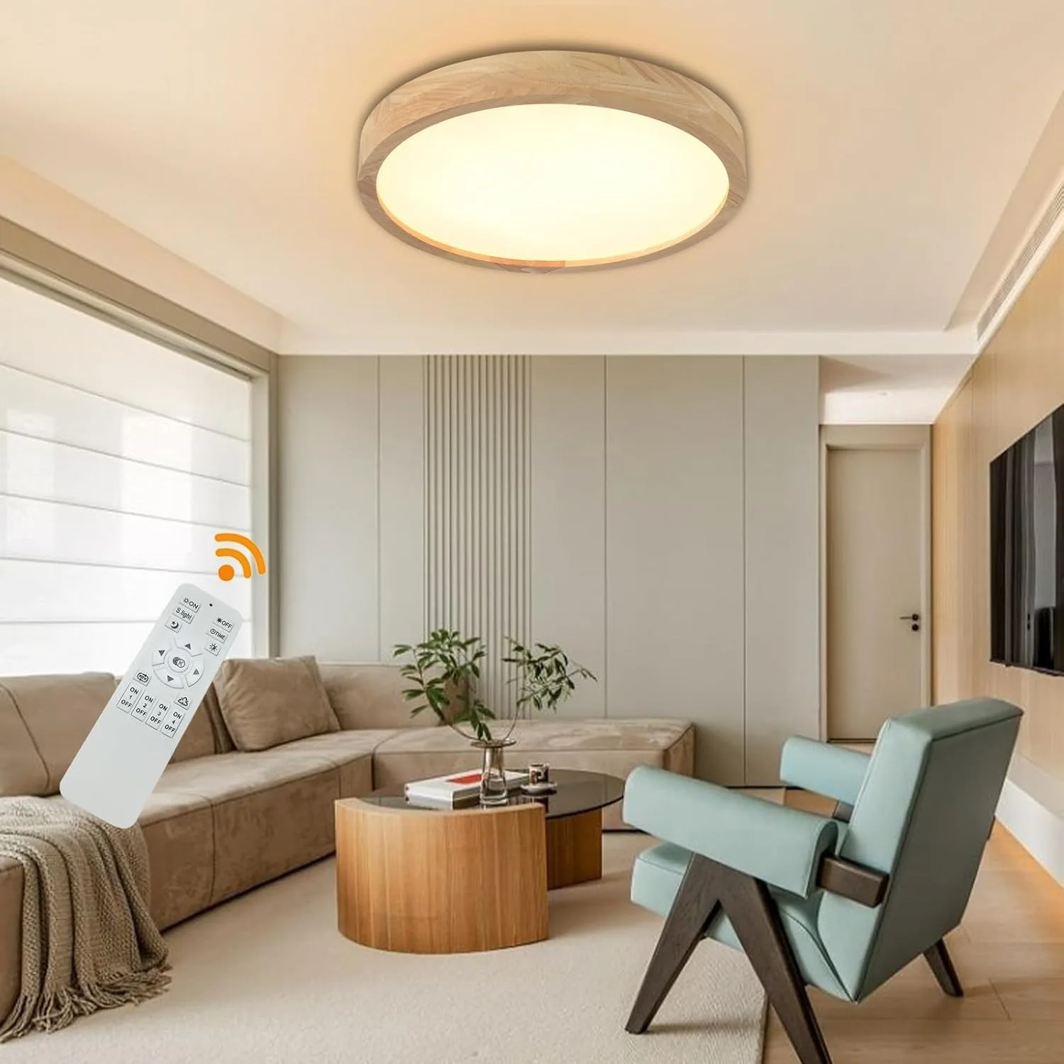 15.7 Inch Modern Wood Led Ceiling Light Fixture, 3000K-6000K Dimmable Round Flush Mount Lighting Fixtures, for Living Room