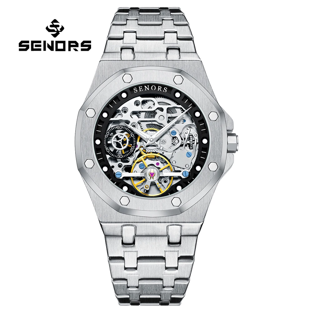 SENORS SN206 Men`s Watch Automatic Sapphire Glass Mechanical Watches Men 316L Skeleton Clock Hollow out Tourbillon Watch 3ATM