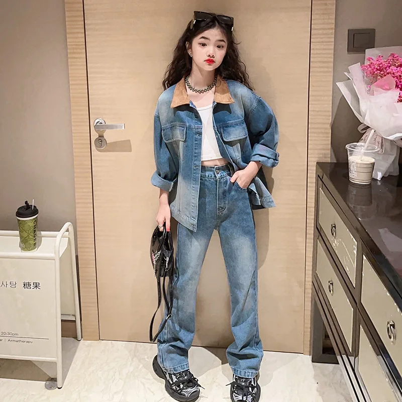 

Autumn Girls Denim clothes Set 2023 Fashion Multi collar Jean jacket+flared jeans 2pcs 4-15 kids suit Children Clothing outfits