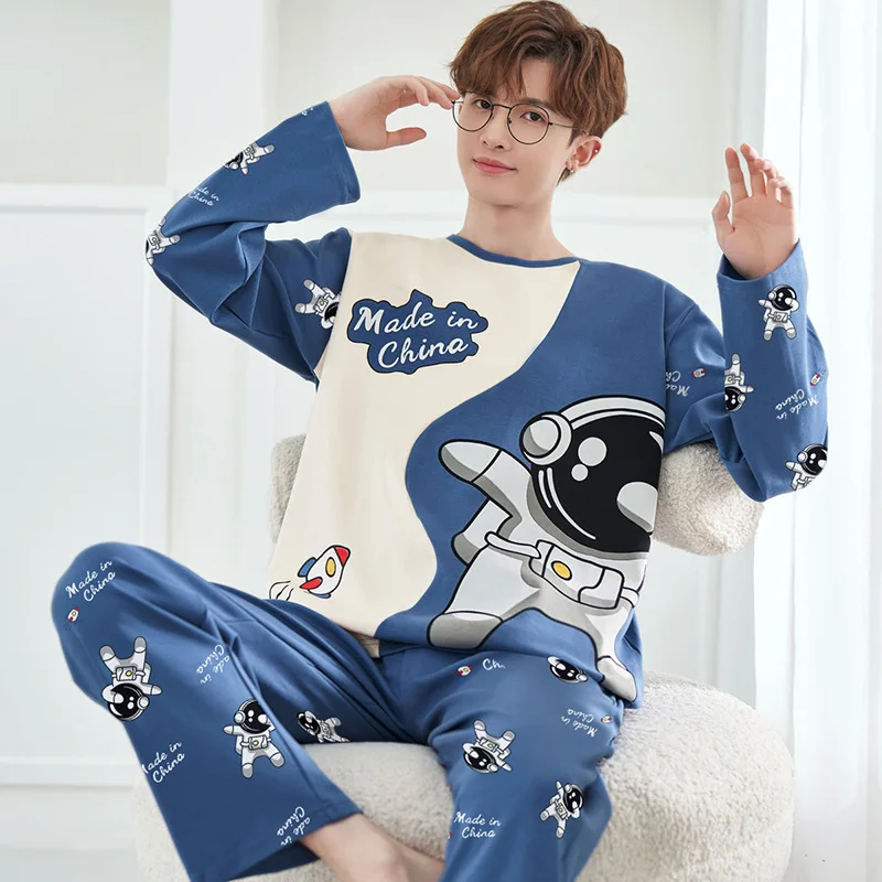 Spring and Autumn Men\'s New Pajamas Homewear Suit Teenage Sports Long-Sleeved Loose Leisure Large Size Pajamas Homewear Suit