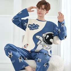 Spring and Autumn Men's New Pajamas Homewear Suit Teenage Sports Long-Sleeved Loose Leisure Large Size Pajamas Homewear Suit