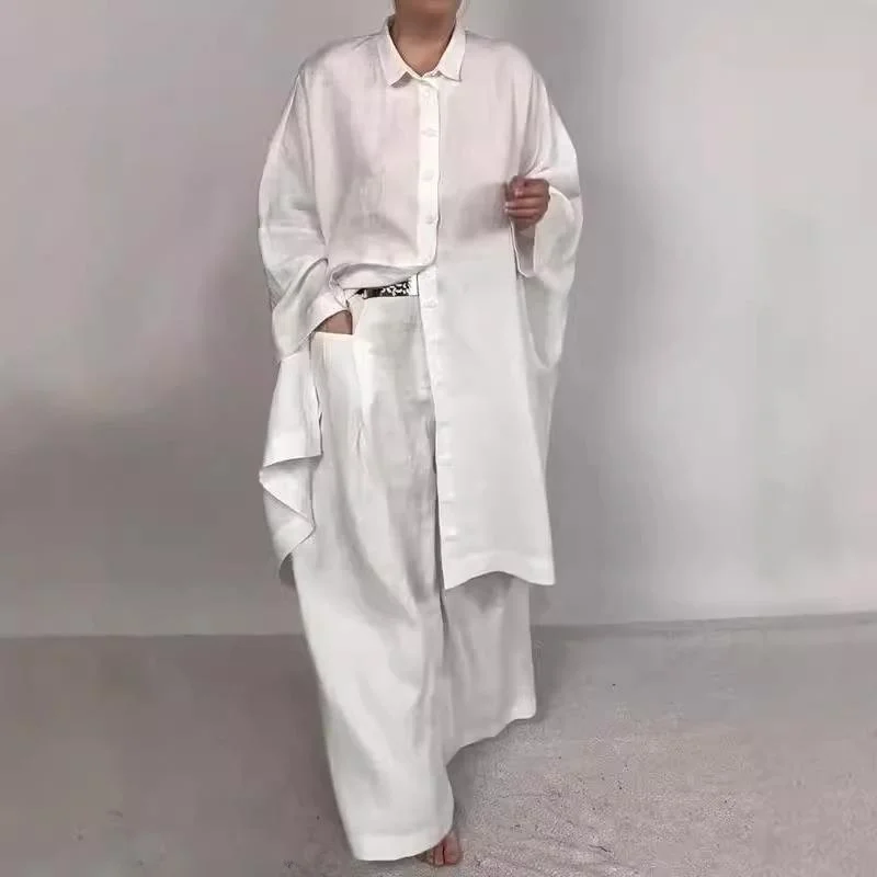 

Комплект Ele Long Sve Collar irt с широкими брюками для двух женщин, осенняя коллекция, однотонный комплект Faion для взрослых