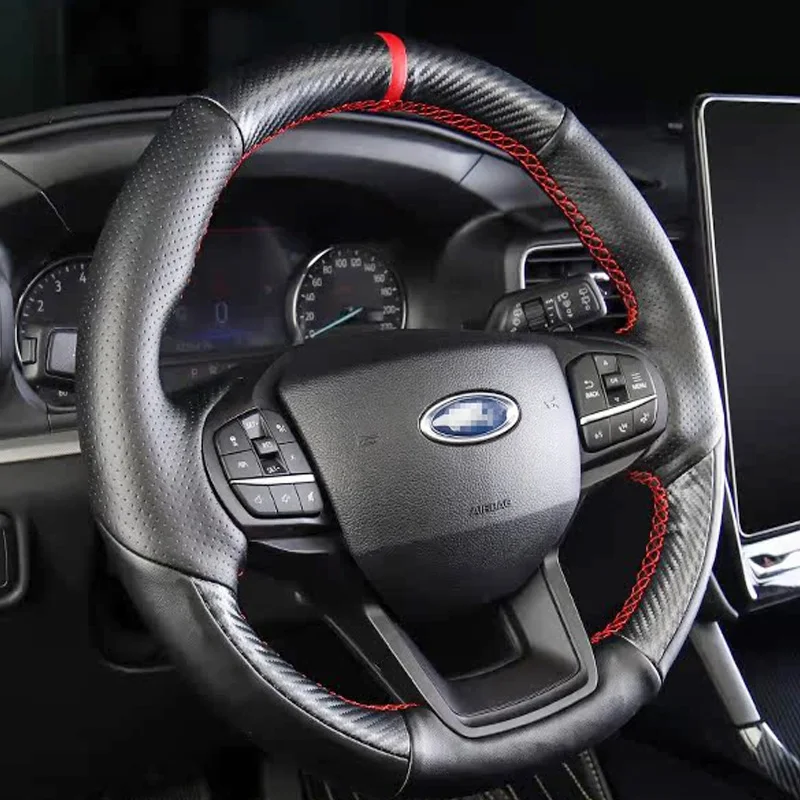 For Ford Explorer 2020 2021 2022 2023 Hand-stitched Black Leather Car Steering Wheel Cover Braid Non-slip Interior Accessories