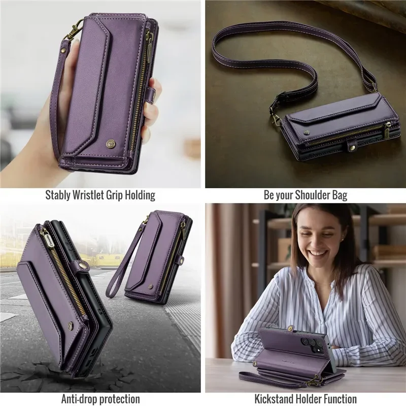 Lanyard Leather Flip Wallet Card Case for Samsung Galaxy S25 S24/23/22 Ultra Plus FE For Magsafe Wireless Charge Crossbody Cover