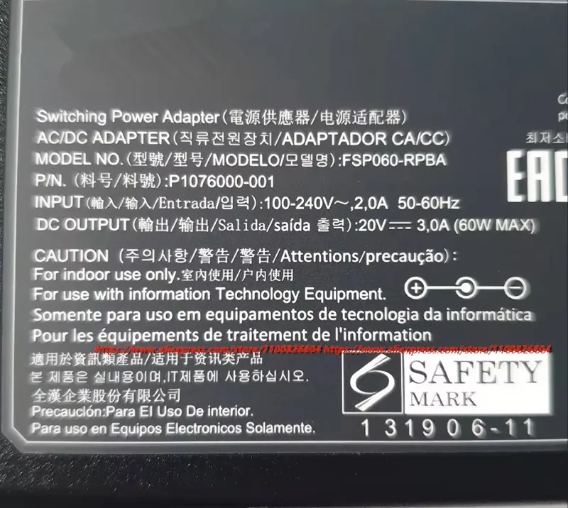 Genuine AC Adapter Charger 20V 3A FSP FSP060-RPBA SAWA-66-30020 For ZEBRA LABEL BARCODE PRINTER TLP-2844 888TT LP2824 TLP2844-Z