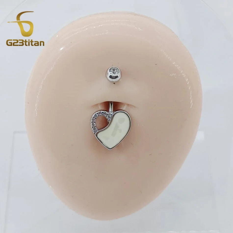 G23titan Women Fashion 14G Stainless Steel or Titanium Navel Piercing Jewelry Zircon White Love Heart Decor Belly Button Rings