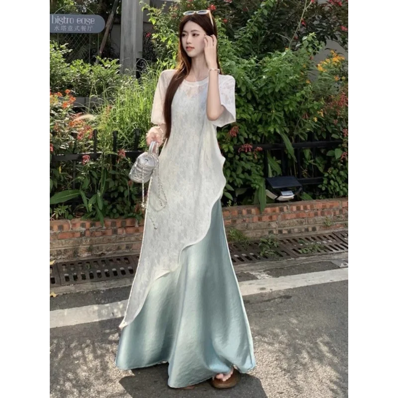Irregular Wear Layered Lace Shirt Women's Complete Set of Suspender Dress Two-piece Temperament Suit