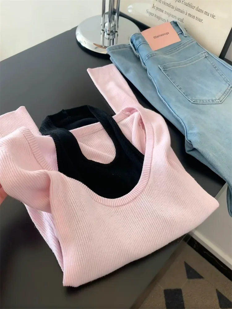 Women's Knitted Padded Vest Self-Keeping Style Color Block Design Autumn New Fashion Inner Wear One-Piece Top Long Sleeve