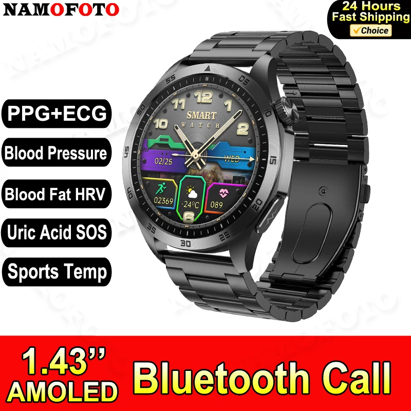 

2024 New ECG Smart Watch 1.43'' AMOLED HRV Blood Pressure Lipid Uric Acid BMI Clock SOS BT Call Wristwatch Men Sports Smartwatch