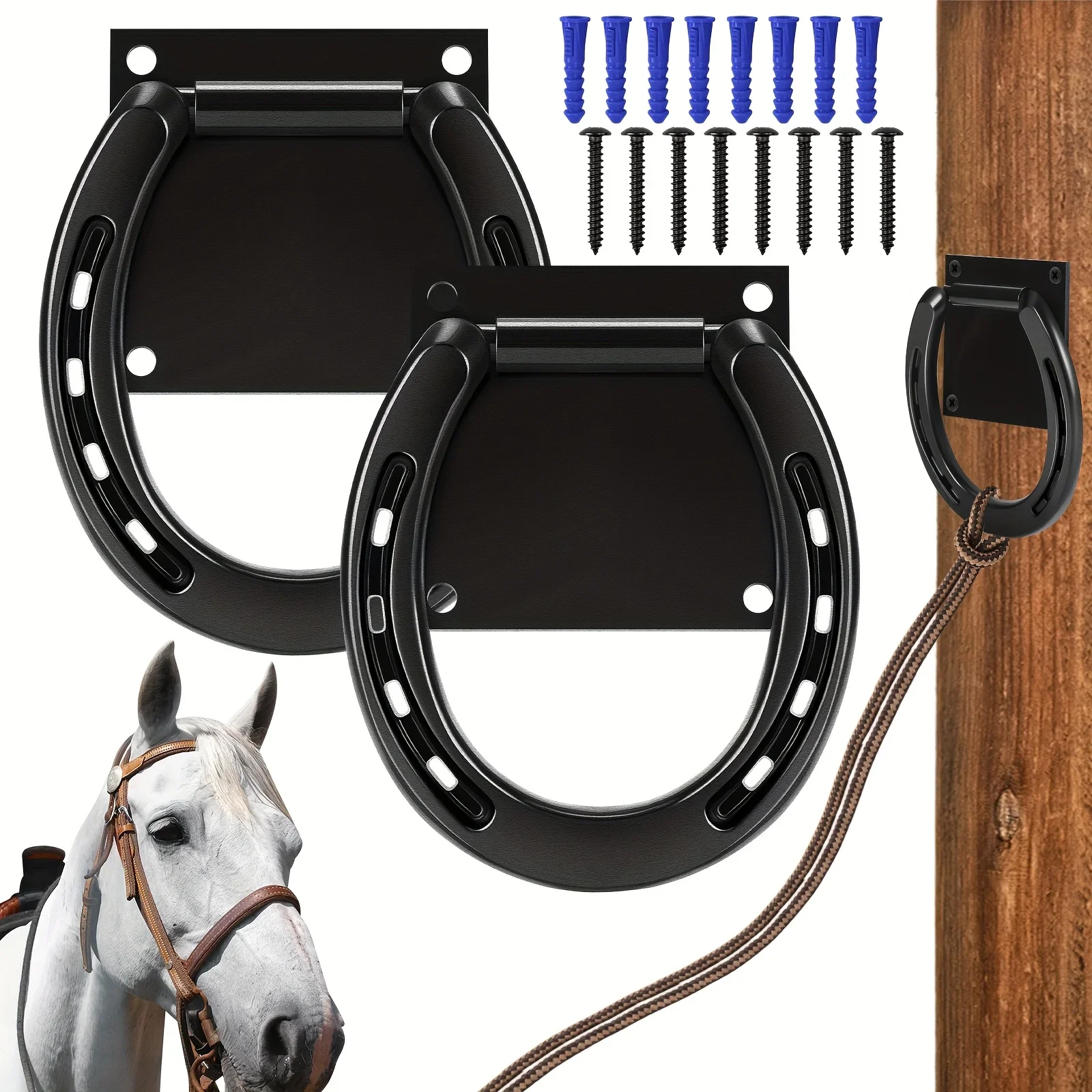 

DDHOME 2 Set Tie Ring for Horses Solid Steel with 3 x 3 Inch Expansion Screws, Horseshoe Cross Ties Down for Horse Tack Stall Stable Supplies, Black