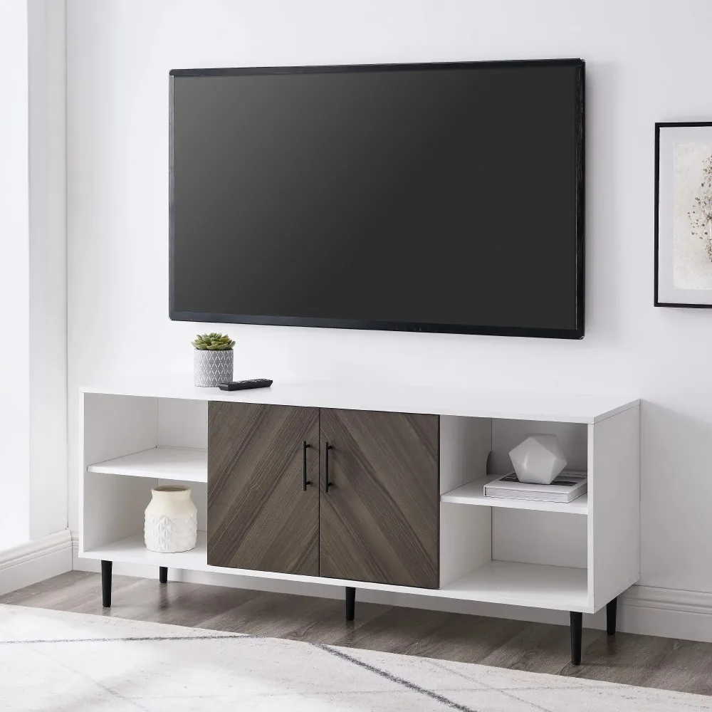 Soporte de TV moderno para televisores, mueble de hasta 65 ", color marrón ceniza/blanco, soportes de mesa para sala de estar y el hogar