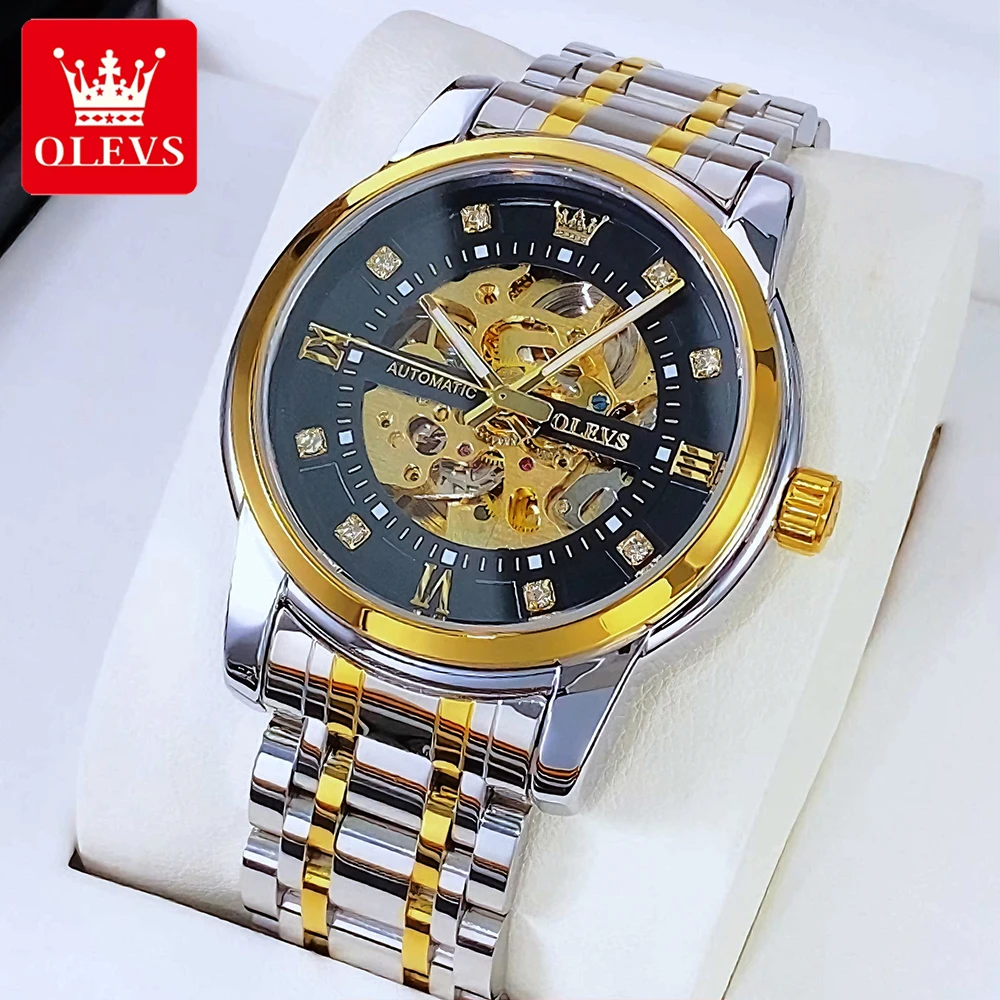 

OLEVS Men's Watches Trend Fashion Fine Steel Strap Hollow Out Dial Original Automatic Mechanical Wristwatch for Man Waterproof