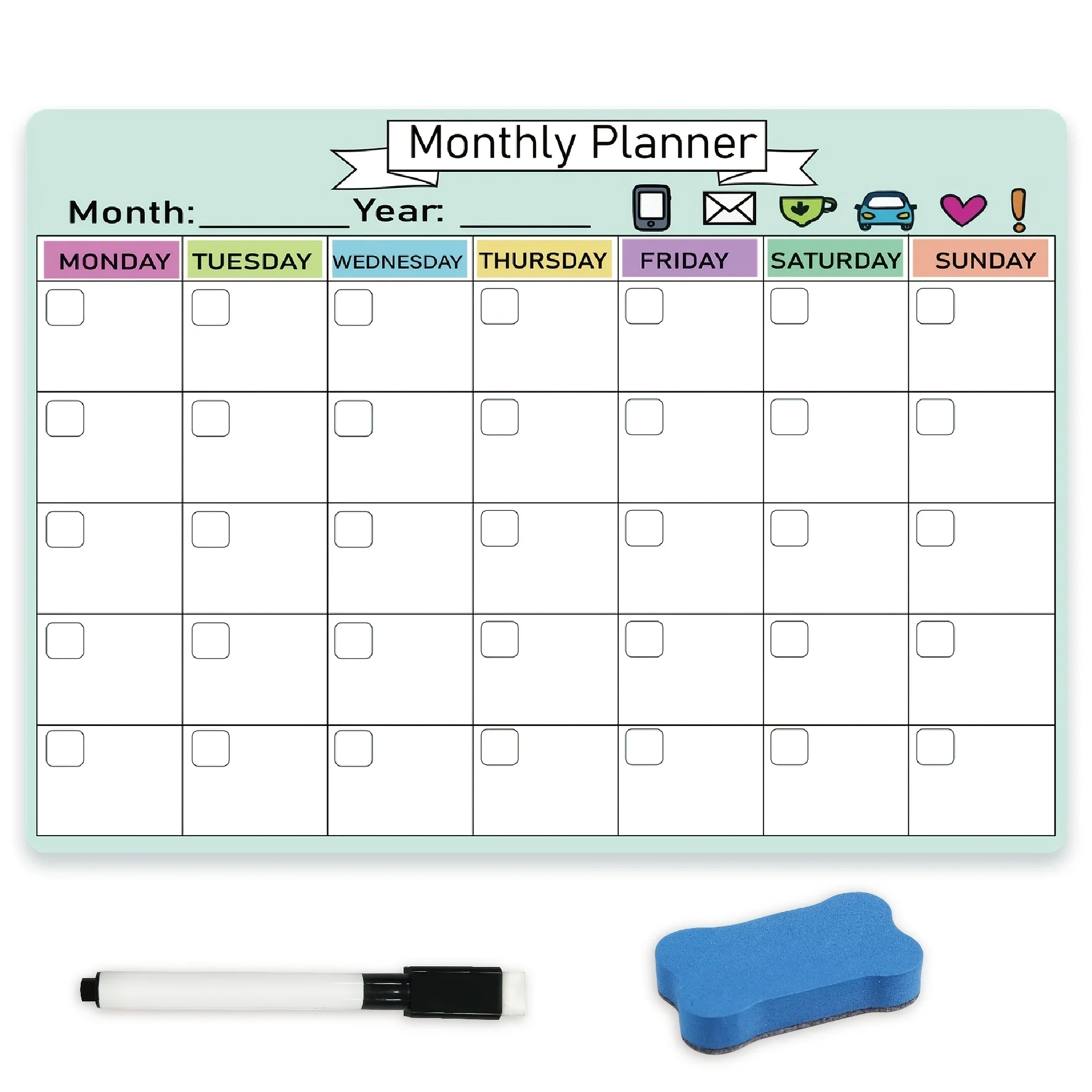 1PC Magnetic Monthly Planner Set: 1 Erasable Pen, 1 Eraser, 1 Magnetic Chart. For Home, Office, Study & Schedule