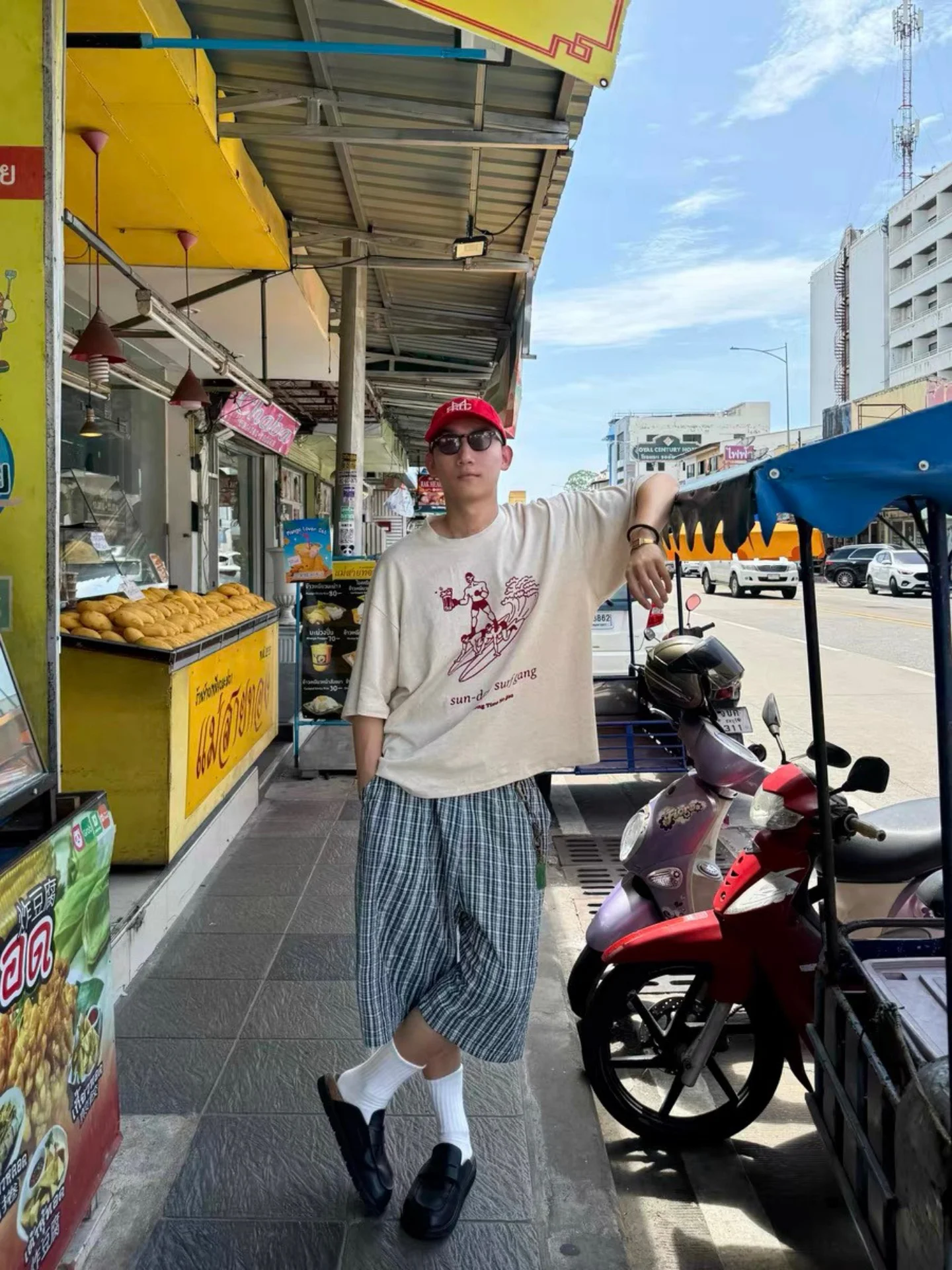 

American Retro Blue Green Plaid Loose Shape Seven Pants Men Women Summer Lazy Straight Casual Leisure Shorts Casual Pants