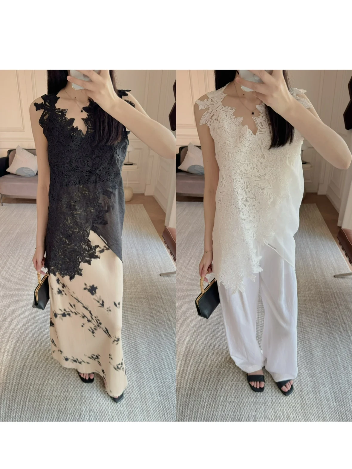 

Masakiki Asymmetrical Hem V-Ne Water Soluble Lace Insert Heavy Industry Vest Women's Summer Outerwear Polyester Fiber