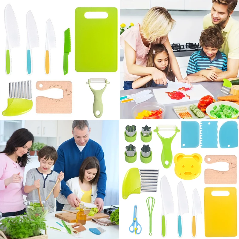 Juego de cortador de cocina para niños pequeños, cuchillo de plástico para pastel, cuchillos de fruta, herramientas peladoras DIY, accesorios de