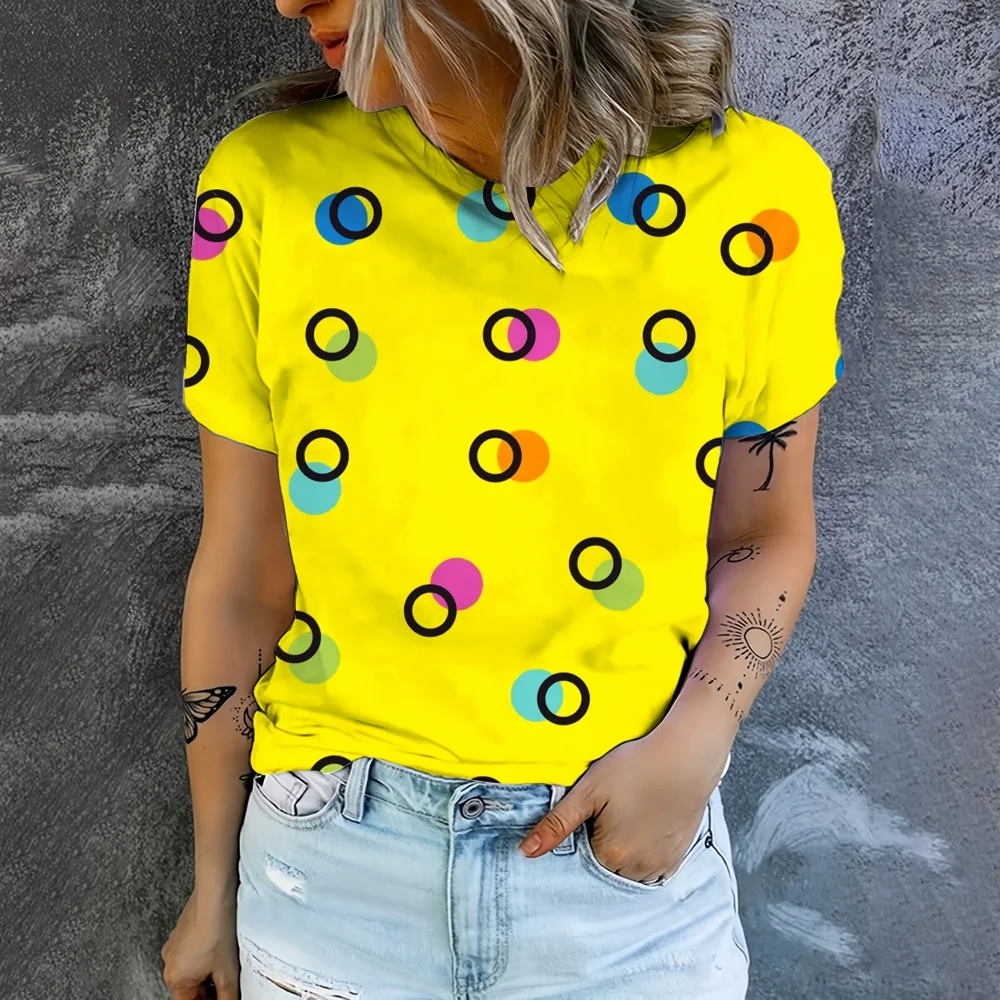 2024 New Summer White Polka Dots Pattern Imple Style Casual Woman Clothing Oversized T-shirt Short Sleeve Comfortable Tops 5XL