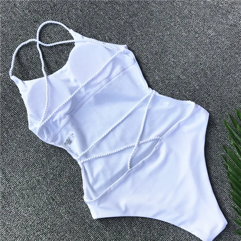 Bañador de una pieza con tirantes para mujer, traje de baño Sexy de cintura alta, Bikini blanco, ropa de playa brasileña, 2024