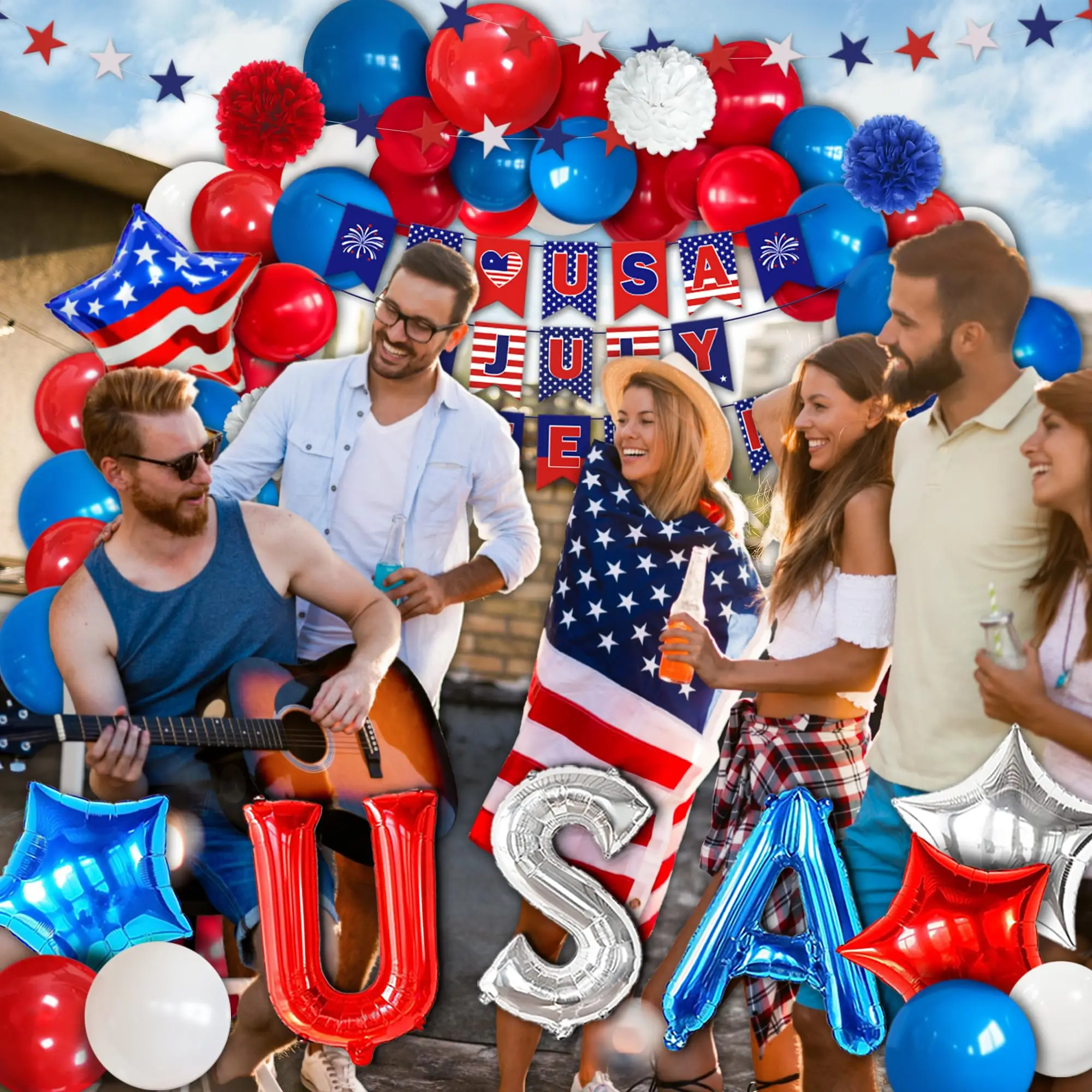 USA-Thema, Partydekoration, amerikanische Flagge, Tattoo-Aufkleber, Flaggenplatten, Banner, Tassen, 4. Juli, Unabhängigkeitstag, patriotisches Zubehör – Detail 4