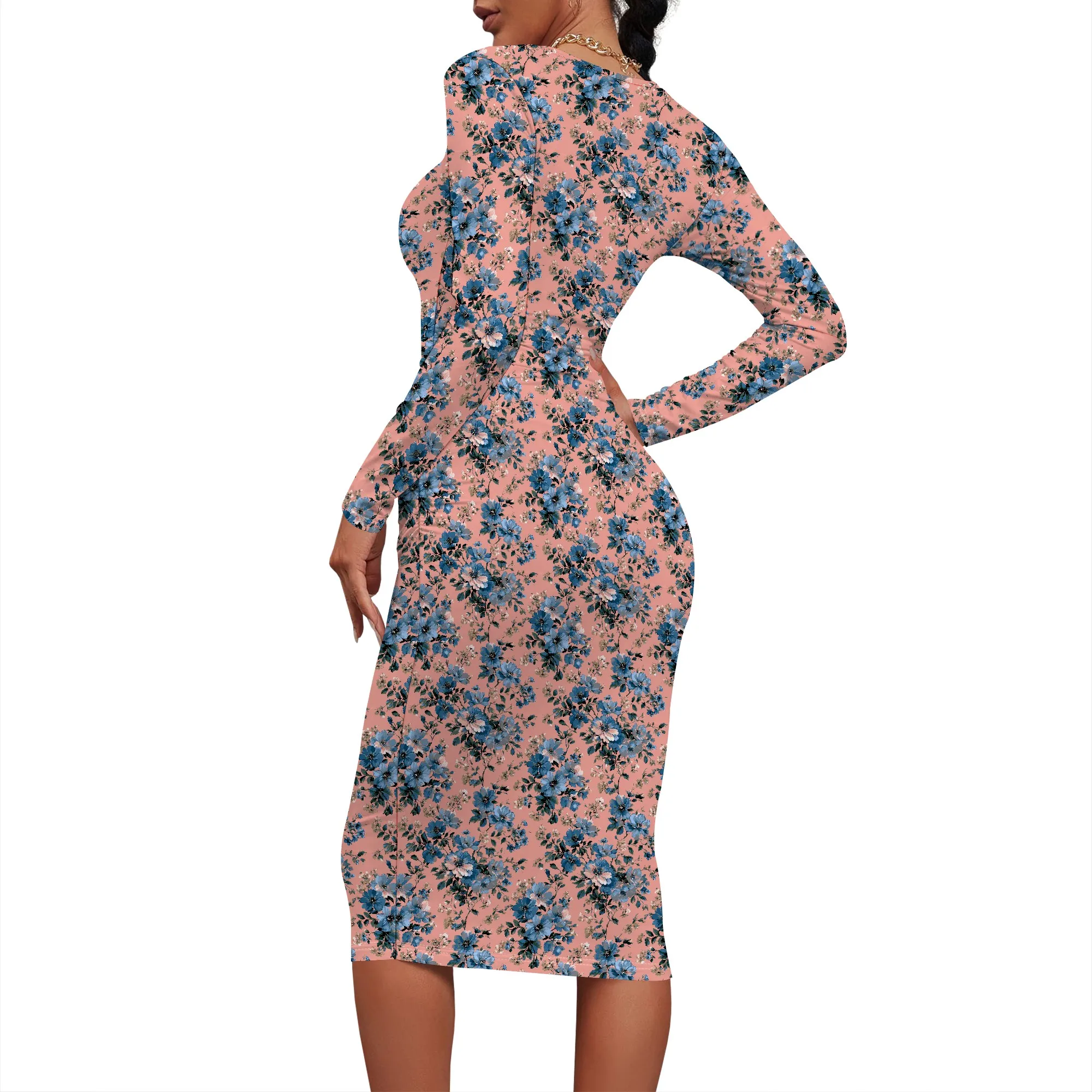 Vestido midi sexy de manga comprida para mulheres, saia transparente estampada, gola redonda através bodycon clubwear