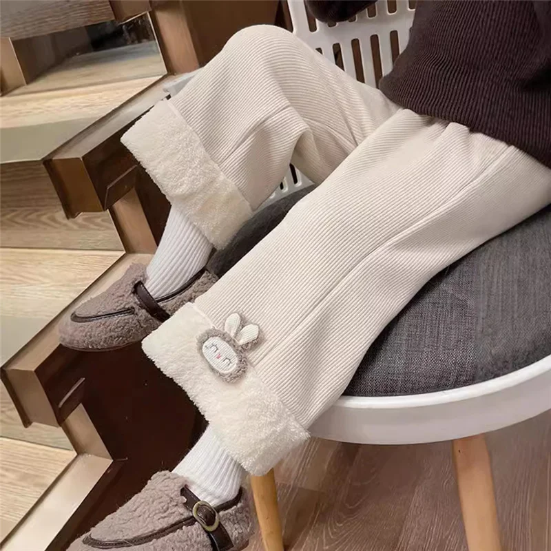 

Girls Plush Pants Autumn Winter Thick Fleece Warm Trousers Children Windproof Cold Resistant Long Pants Fashion Bootcut 2-10Y