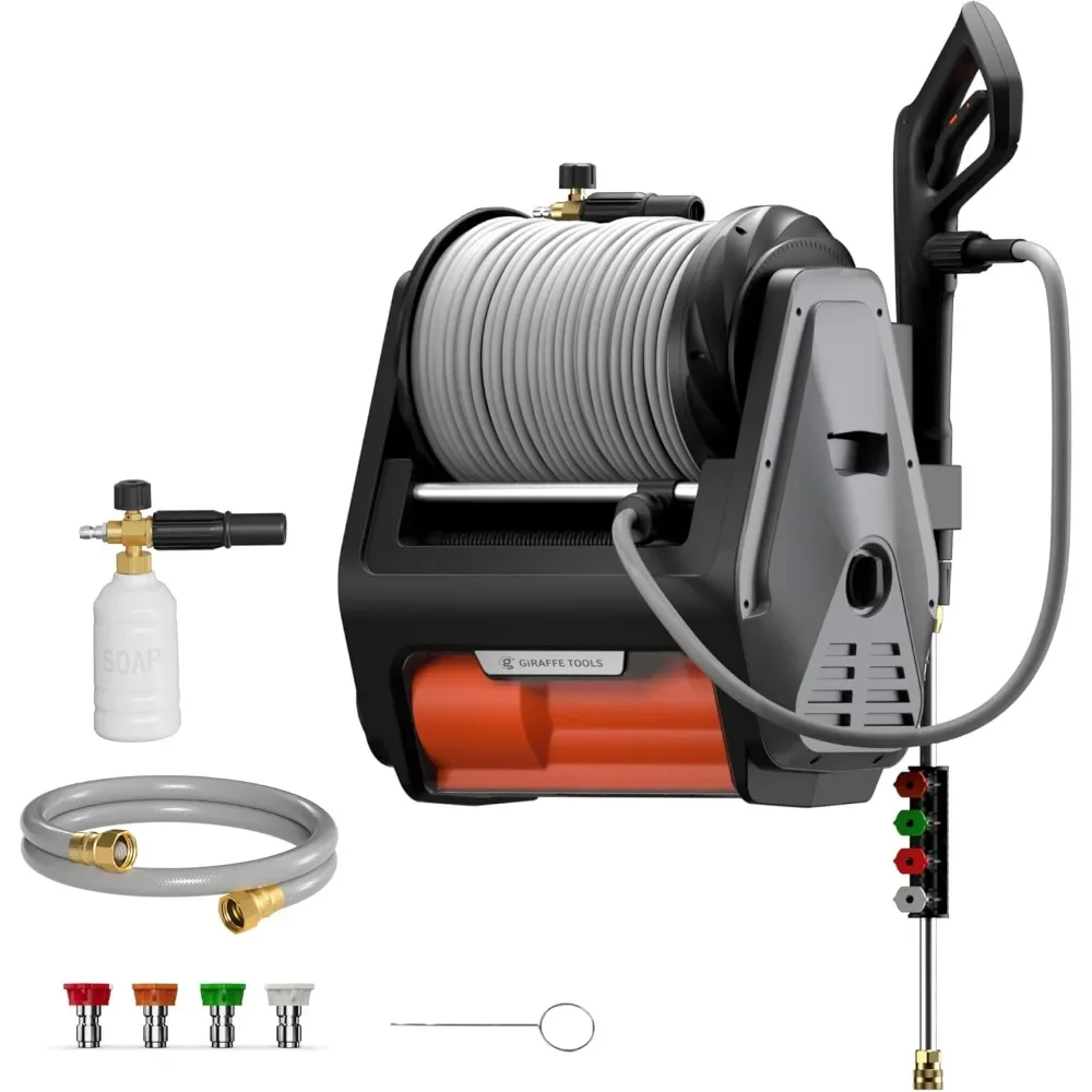 

Electric Wall Mount Power Washer with 100FT Retractable Pressure Hoses, 3300PSI, 1.6GPM, 4 Nozzles, Pressure Washers