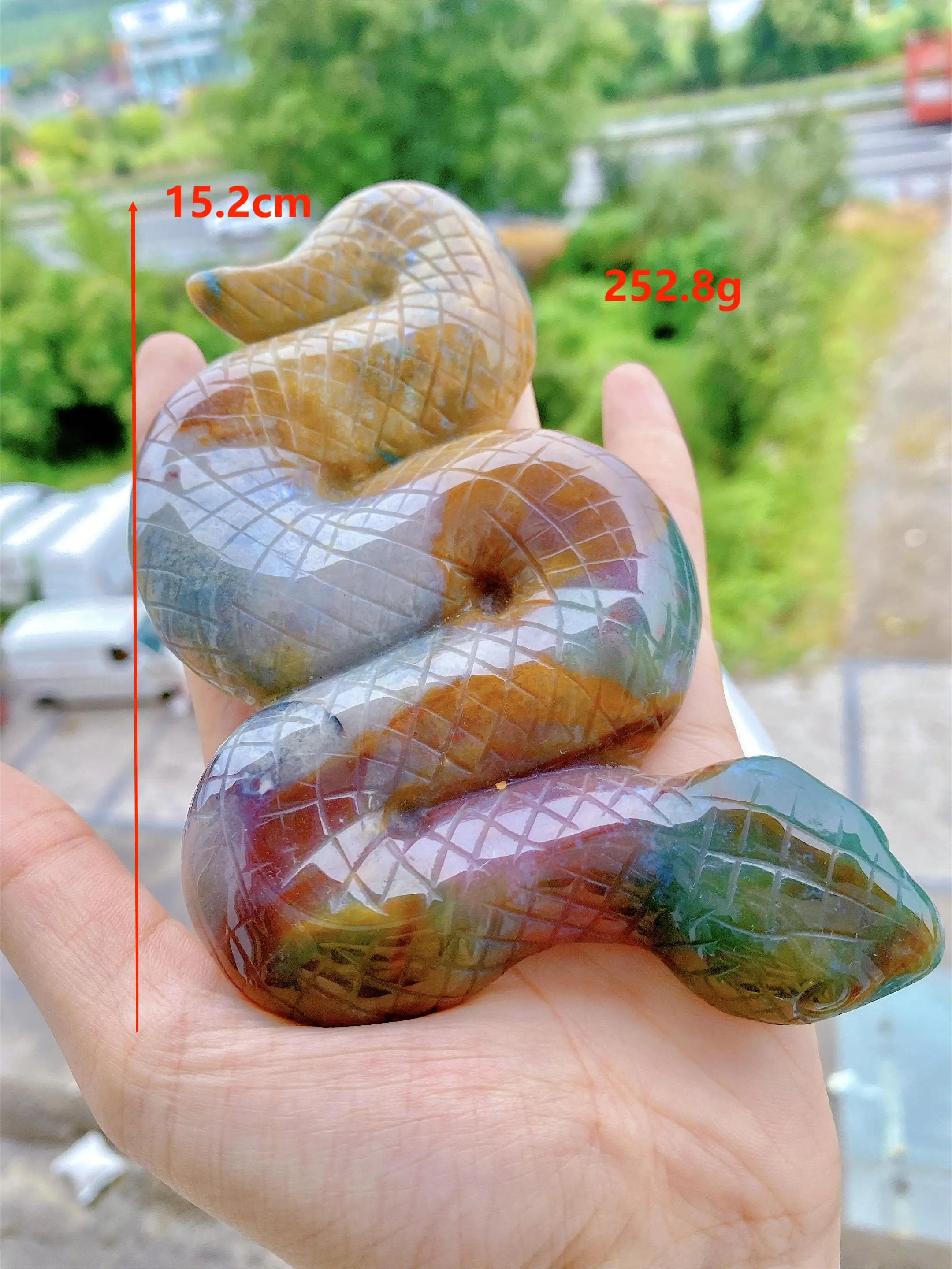 

Natural Colourful Ocean Jasper Snake Figurine Ornament Healing Reiki Crystal Hand Carved Animal Statue Crafts Home Decoration