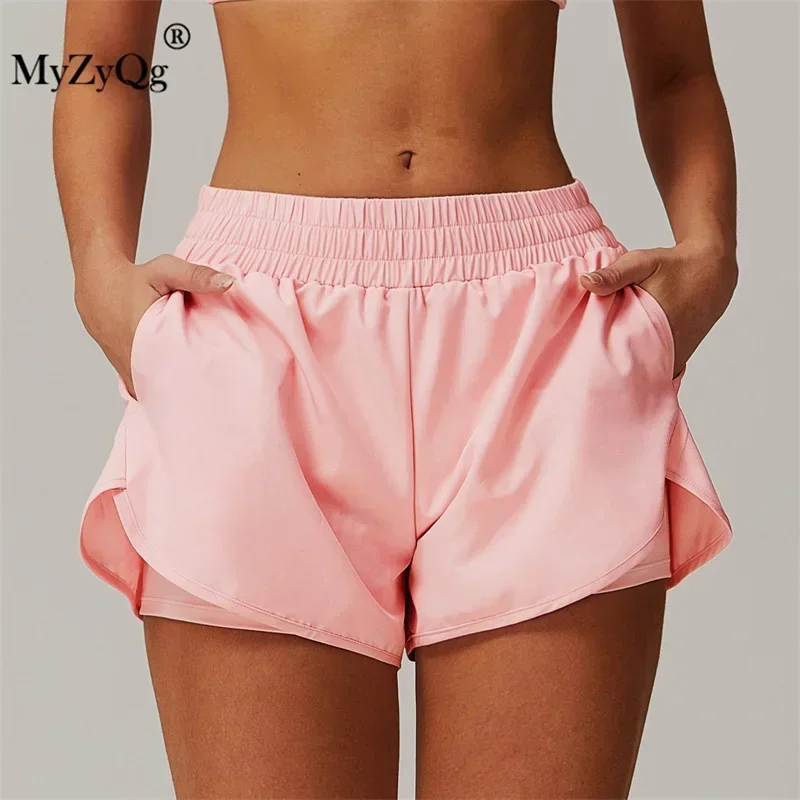 MyZyQg Women Pocket Quick Dry Yoga Shorts Fake Two Pieces Sports Hip Lifting Shorts Running Fitness  High Waisted Shorts