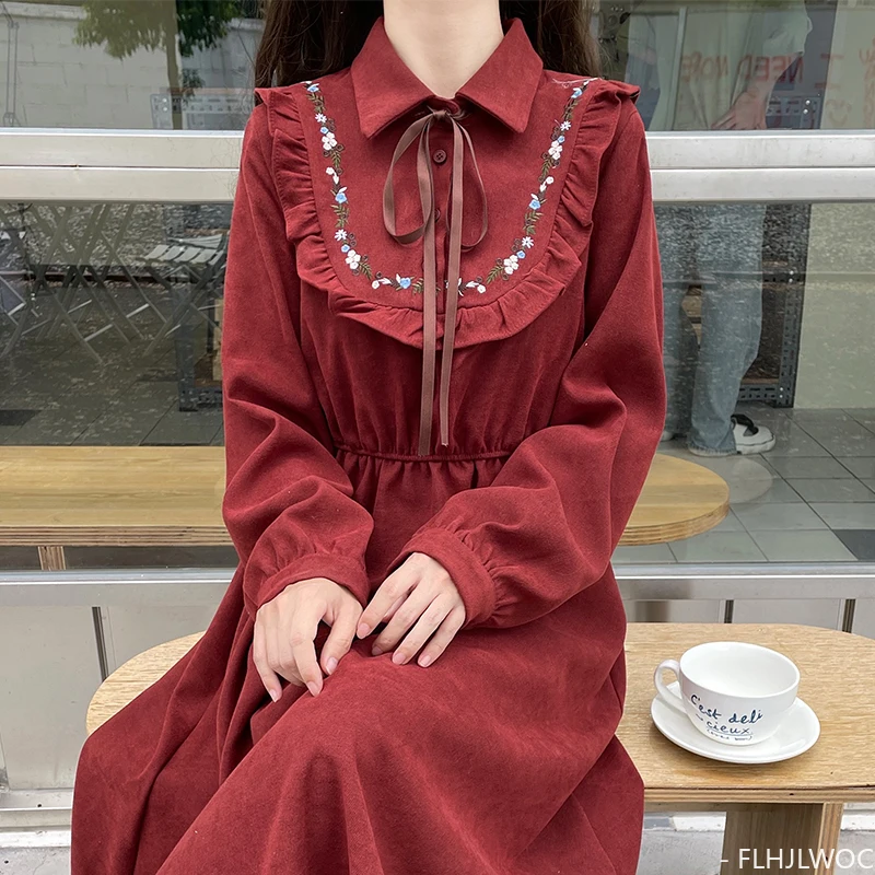Art Mori Girls Long Dress Autumn Winter Basic Wear Retro Vintage Japan Style Doll Neck Cute Sweet Ribbon Bow Tie Corduroy Dress