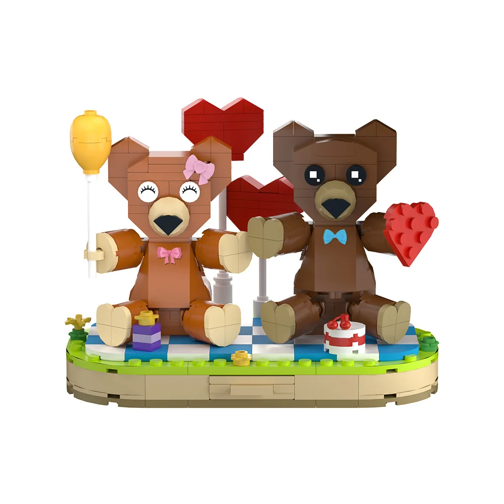 Valentine’s Day Brown Bear Building Blocks Couple Bricks Toys with Red Heart Romantic Surprise DIY Model Gift for Lover Friends