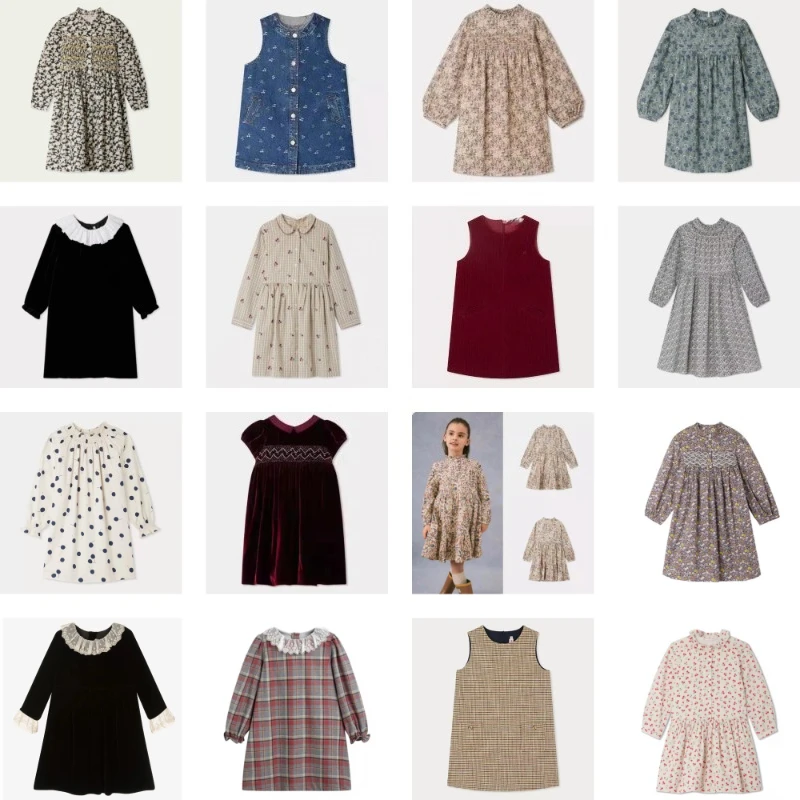 Autumn and Winter New Children's Plaid Lace Collar Long-sleeved Dress All-cotton Woven Round-neck Girls' Dress