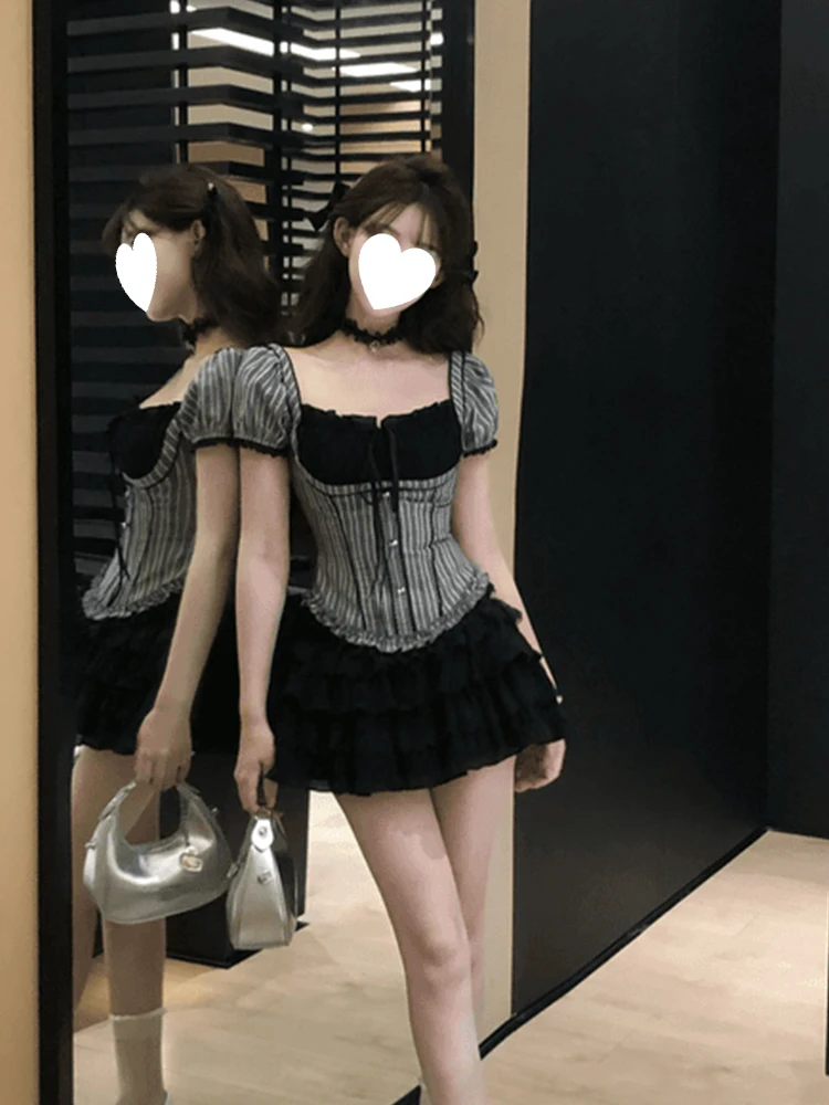 

Syj Shuyijia Korean Style Slim Fit Striped Shirt Top And Puffy Sleeve Cake Skirt Set for plus Size Women Summer Casual Wear