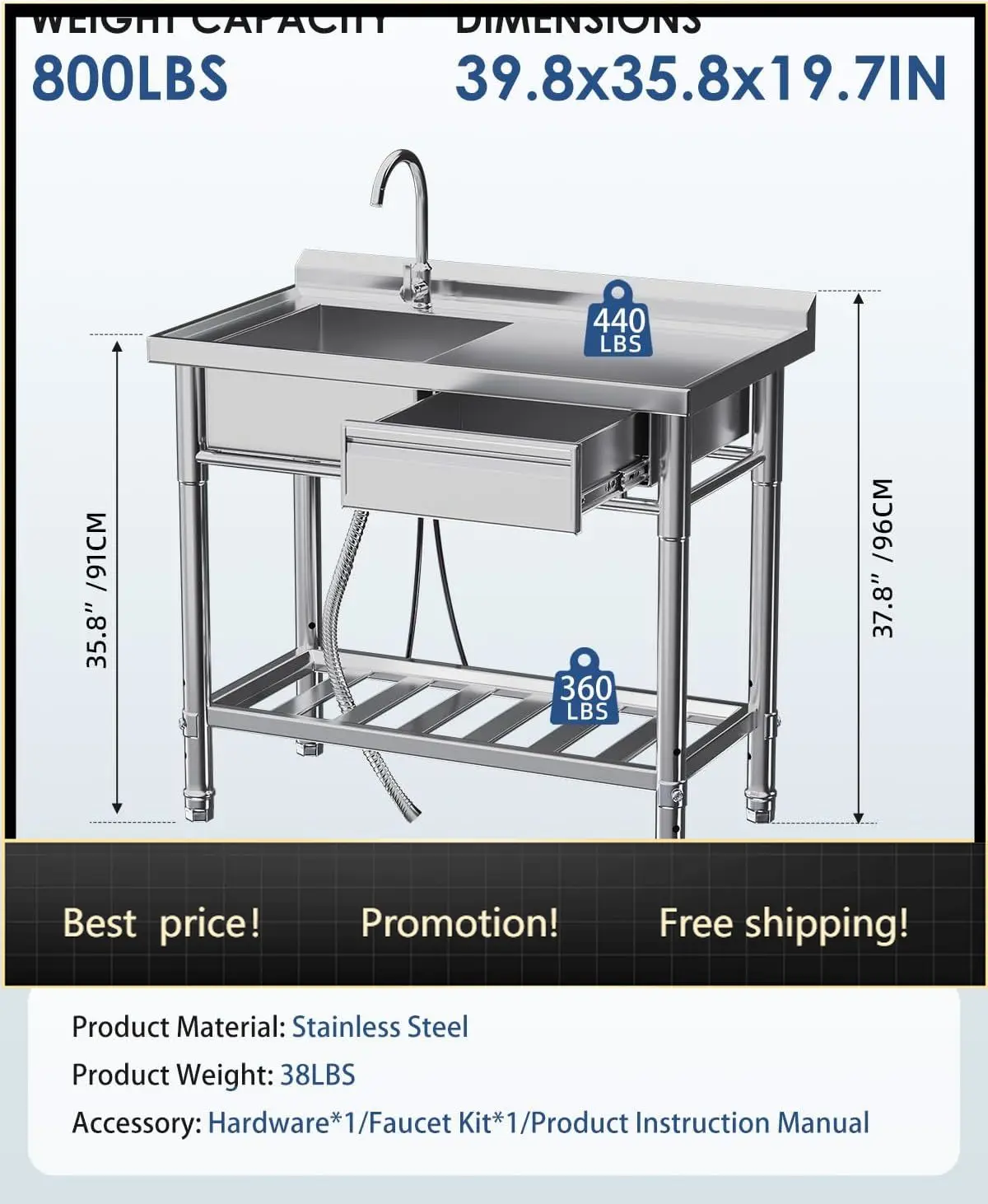 

Stainless Steel Utility Sink, Free Standing Single Bowl Commercial Kitchen Sinks with Faucet, Drawer & Hot/Cold Water Pipes, Sta