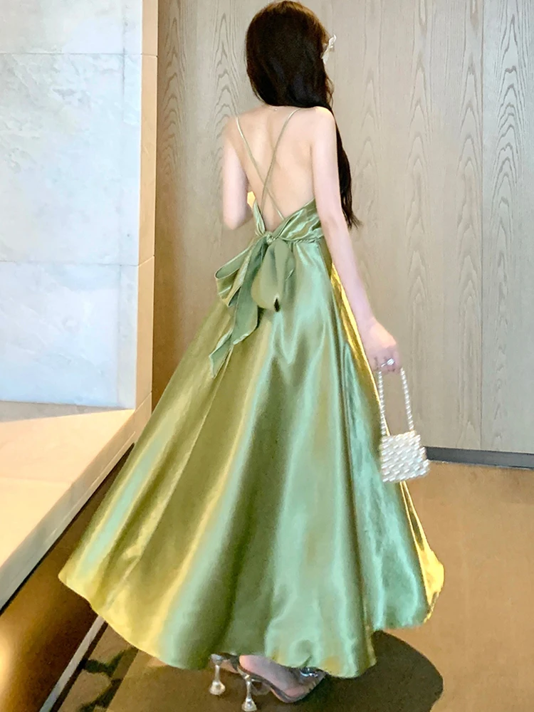 2025 الأخضر خلات الساتان الخامس الرقبة حبال فستان طويل المرأة شيك القوس عارية الذراعين فستان مثير الصيف الكورية أنيقة Bodycon فستان مناسبات #4