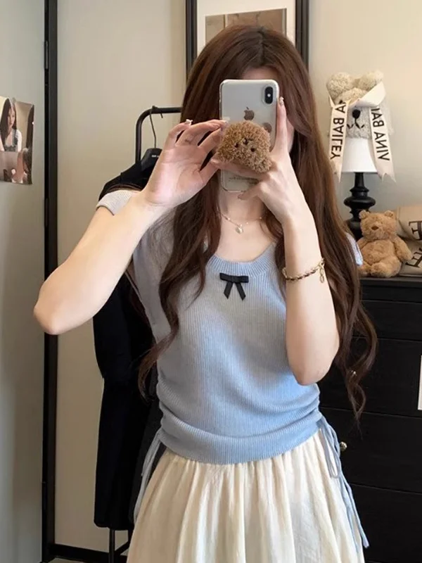 

Sweet Blue Bow Knot Drawstring Knitted Short Sleeve T Shirt Women's Fashion Slim Fit Summer New Style Pure Desire Top