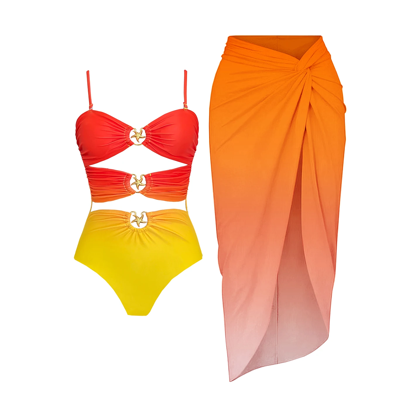 

Hollowen One Piece Swimsuit With Cover Up Luxury Swimwear Women Swim Suits Sexy Bikini Female Gold Sliming Bodysuit Beachwear